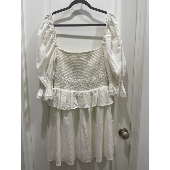 LPA x Revolve White Vivia Linen Blend Puff Sleeve Mini Dress Sz XL - Picture 10 of 11
